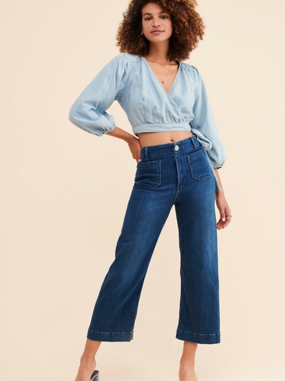 Pilcro Dark Blue Cropped Wide-Leg Jeans
